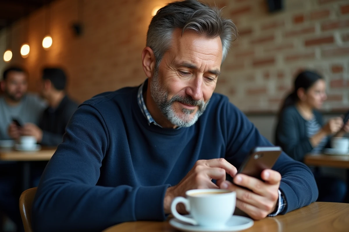 Homme utilisant son smartphone pour se connecter à un compte en ligne dans un café urbain
