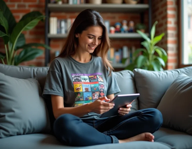 Jeune femme passionnée de culture geek parcourant des actualités tech sur une tablette dans un appartement moderne décoré de figurines et de mangas