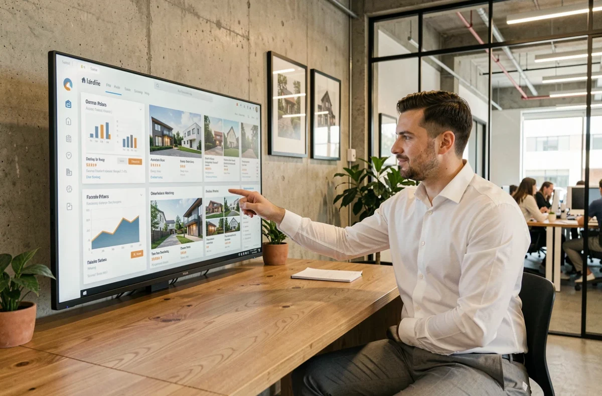 Agent immobilier masculin présentant des opportunités d'investissement sur écran numérique dans une agence immobilière contemporaine
