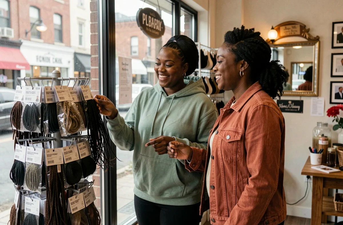 Deux amies comparant des mèches afro et des extensions de tresses dans une boutique spécialisée