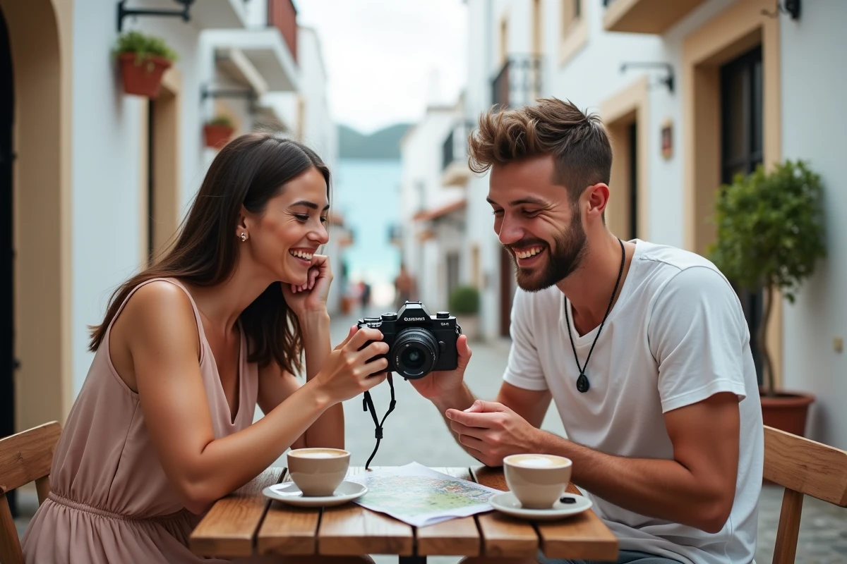 Deux amis voyageurs consultant leur appareil photo dans un café en bord de mer méditerranéen, astuces pour voyager ensemble