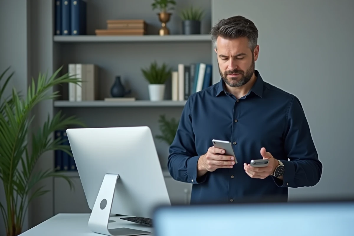 Homme consultant une application de gestion financière sur smartphone dans un bureau à domicile moderne et épuré