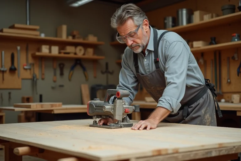 Artisan menuisier utilisant une scie plongeante sur un panneau de contreplaqué dans un atelier professionnel