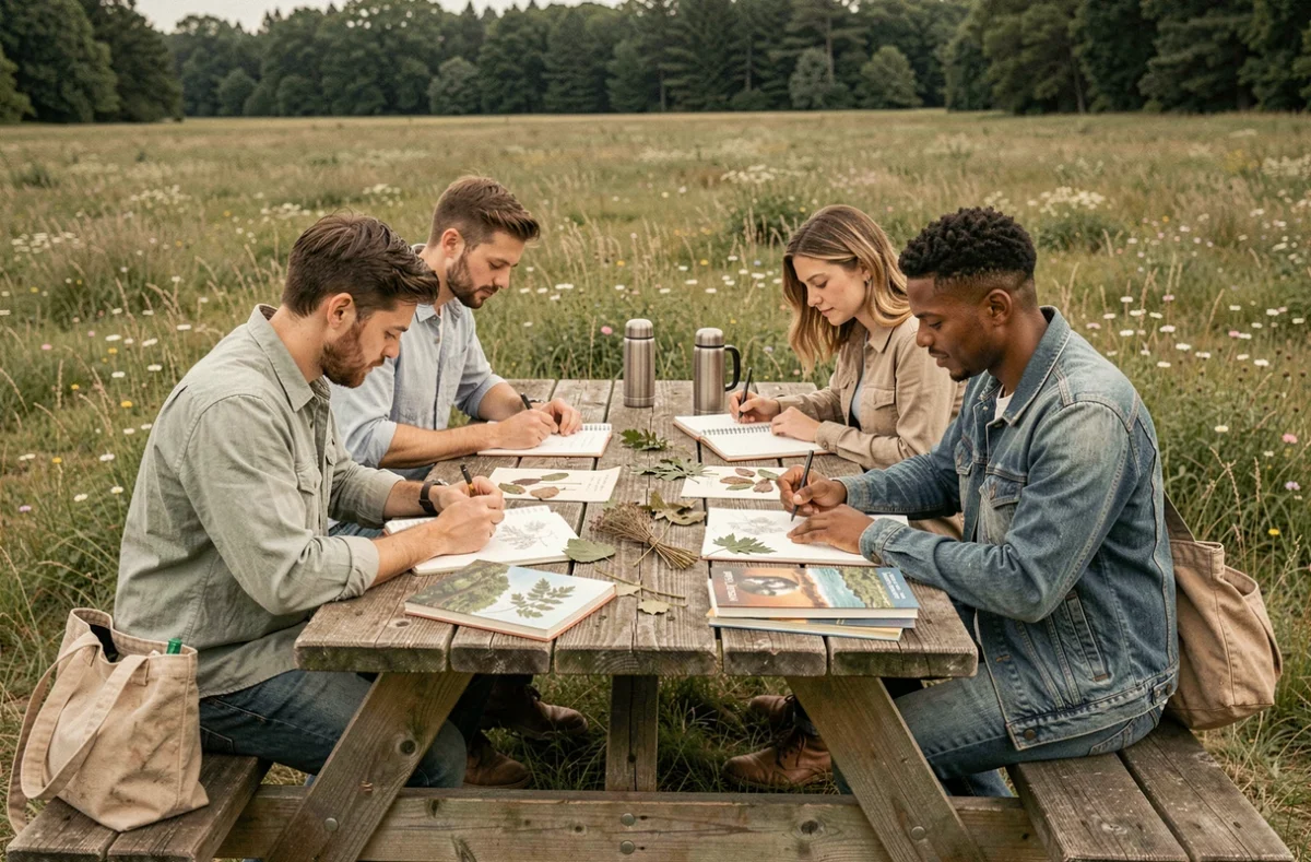 Groupe d'adultes faisant du dessin naturaliste dans une prairie, atelier loisirs nature en plein air