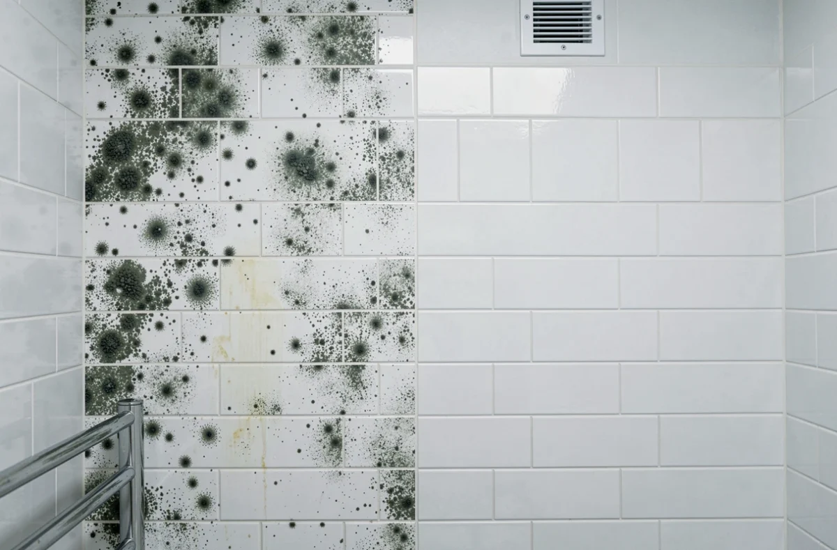 Mur de salle de bain montrant la comparaison avant et après traitement anti-moisissures sur carrelage blanc