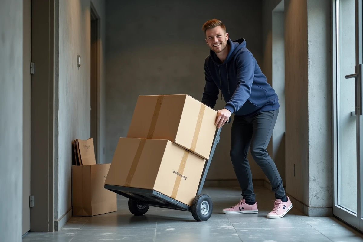 Homme chargeant des cartons de déménagement économiques dans un couloir d'immeuble