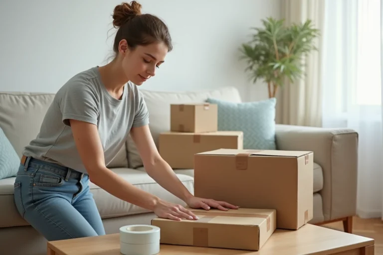 Femme préparant des cartons de déménagement pas chers dans un salon organisé