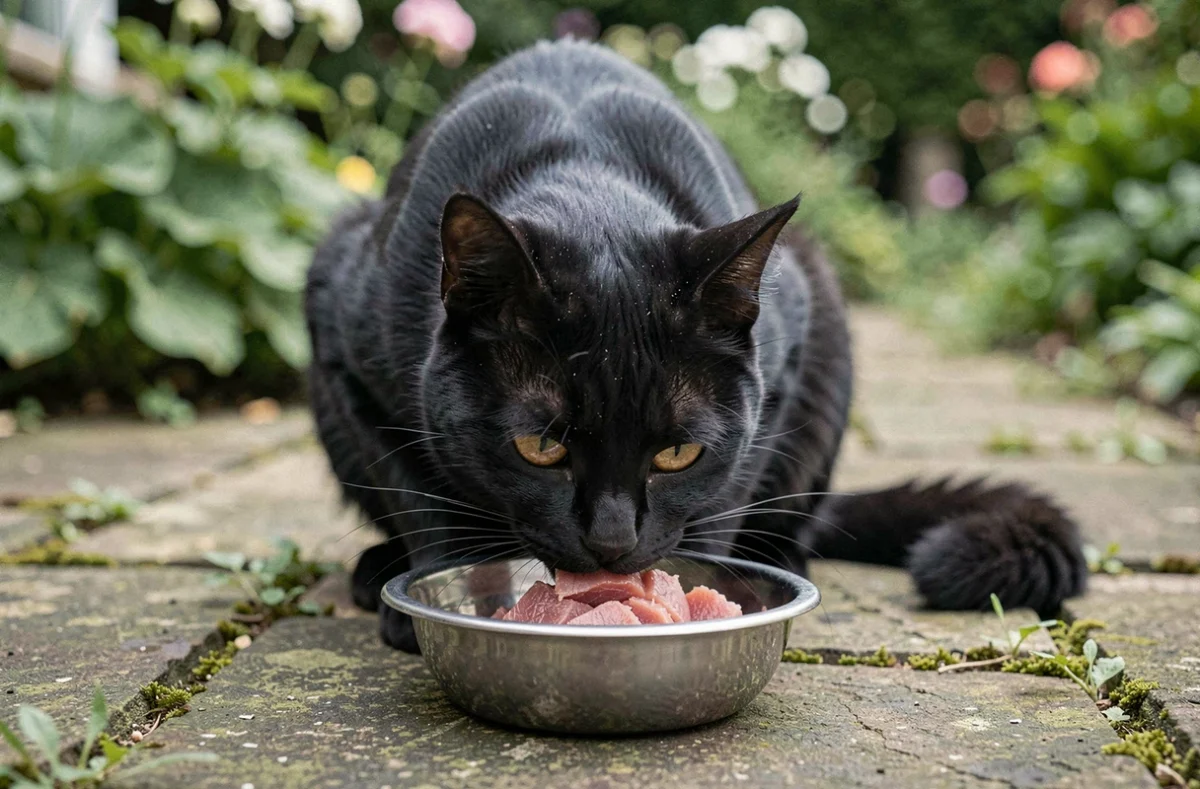 Chat noir adulte mangeant du thon frais dans un bol en inox sur un patio en pierre entouré de verdure