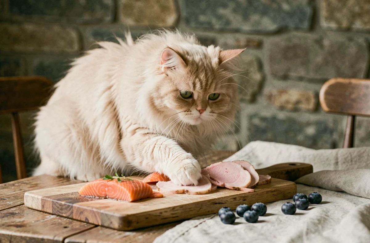 Chat persan moelleux explorant une planche en bois avec des aliments variés comme du saumon et de la dinde dans une cuisine rustique