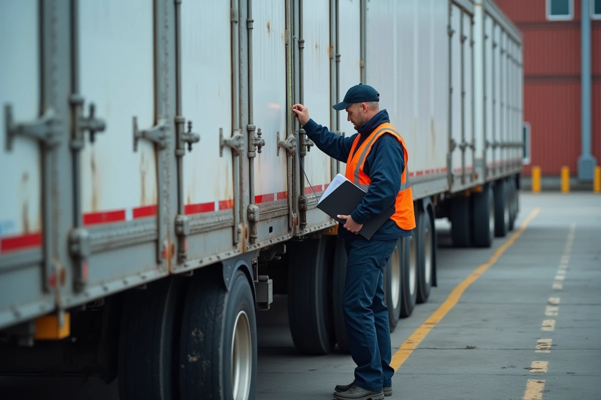 Conducteur de camion mesurant les dimensions de la porte arrière d'une remorque standard dans un terminal de fret