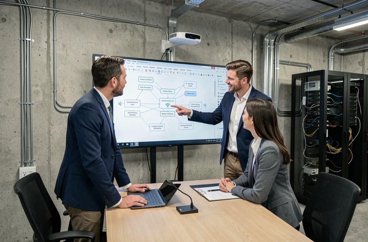 Deux collègues analysant un schéma réseau WiFi sur un écran dans un bureau professionnel avec un point d'accès mural visible