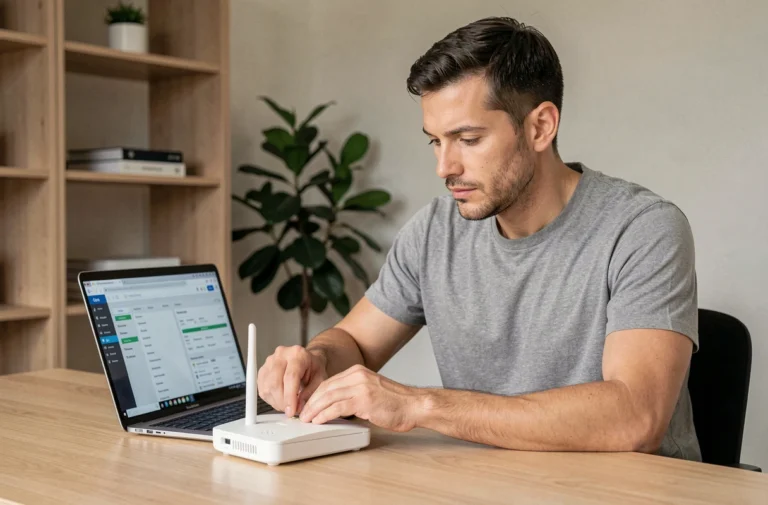 Homme configurant un routeur WiFi sur son bureau à domicile avec un ordinateur portable affichant une interface réseau
