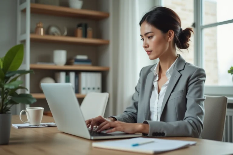 Femme professionnelle accédant à son compte en ligne sur un ordinateur portable dans un bureau moderne