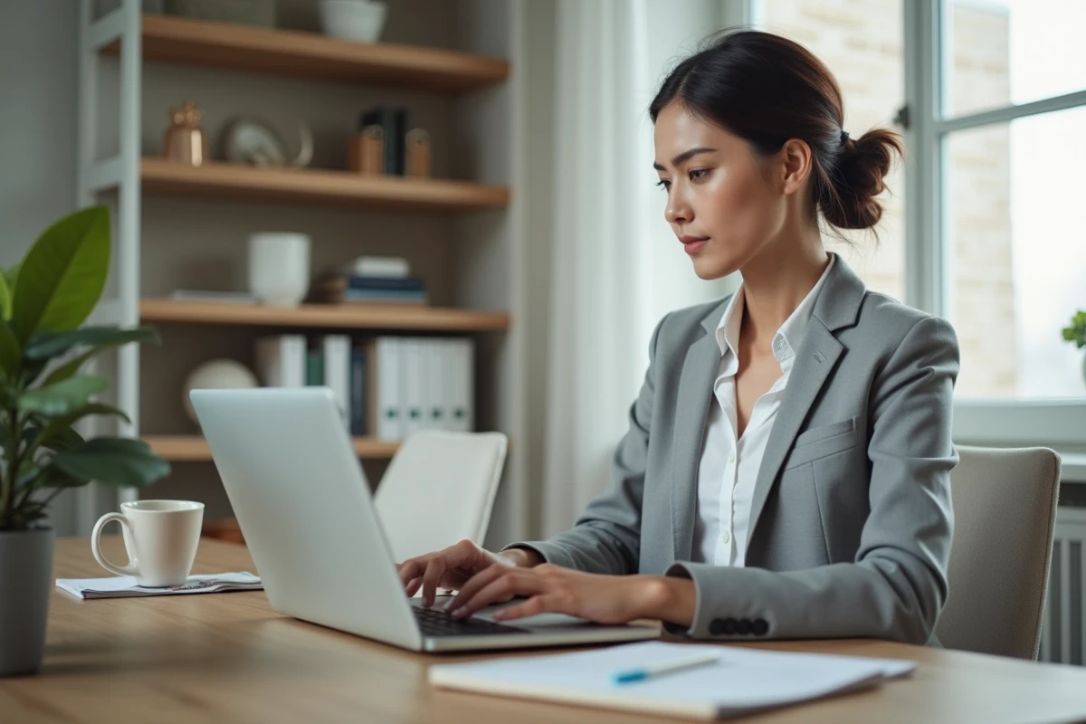 Femme professionnelle accédant à son compte en ligne sur un ordinateur portable dans un bureau moderne