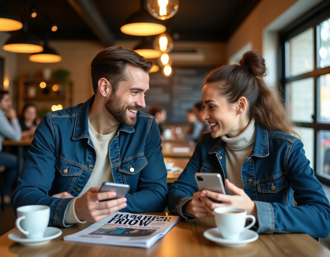 Deux amis partageant des tendances geek et lifestyle sur leurs smartphones autour d'un café dans un établissement branché au décor industriel