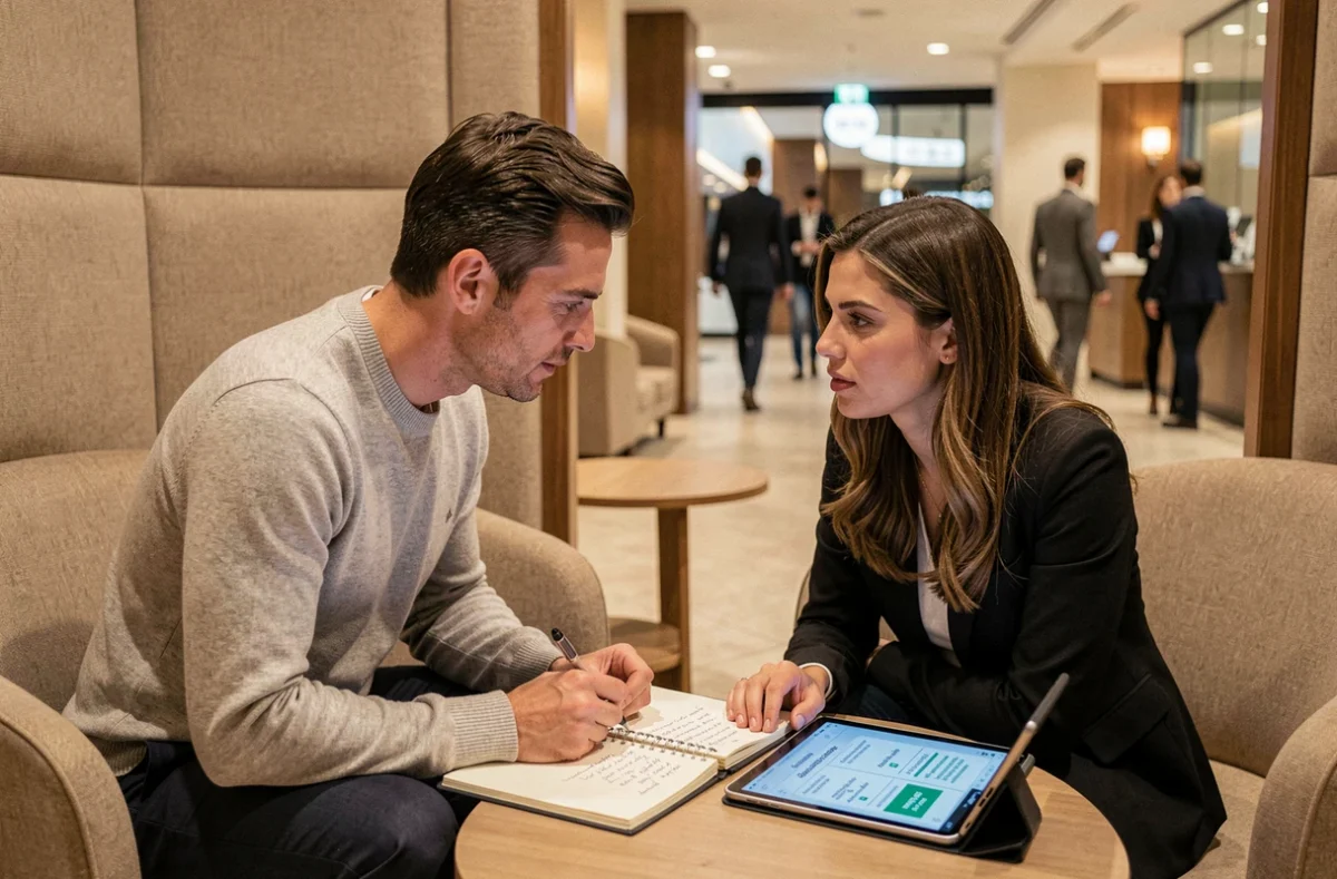 Consultant et client en tête-à-tête pour un entretien Discovery Meeting dans un salon business d'hôtel haut de gamme