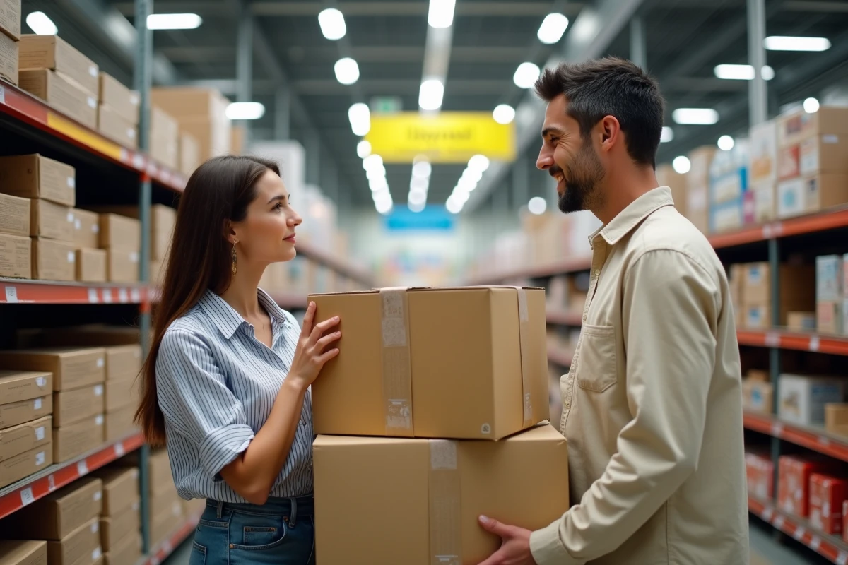 Couple choisissant des cartons de déménagement pas chers en magasin discount type Gifi