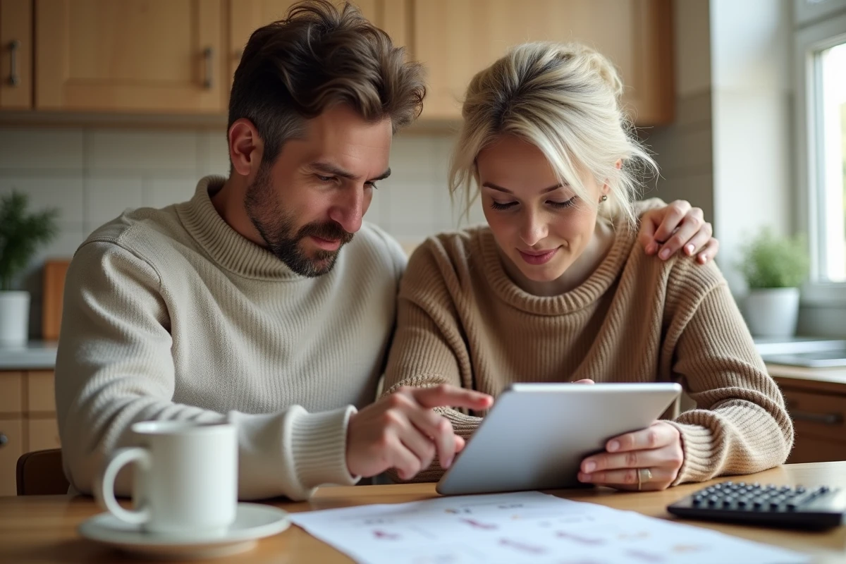 Un couple en train de comparer des offres de crédit immobilier sur une tablette posée sur une table de cuisine, entouré de documents financiers et d'une calculatrice