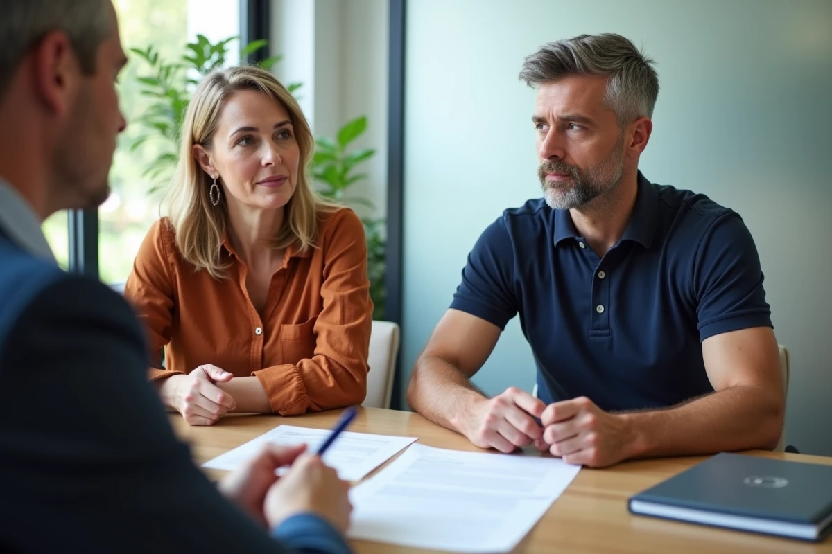 Couple en rendez-vous avec un conseiller bancaire pour signer un prêt travaux avec contrat et documents sur la table