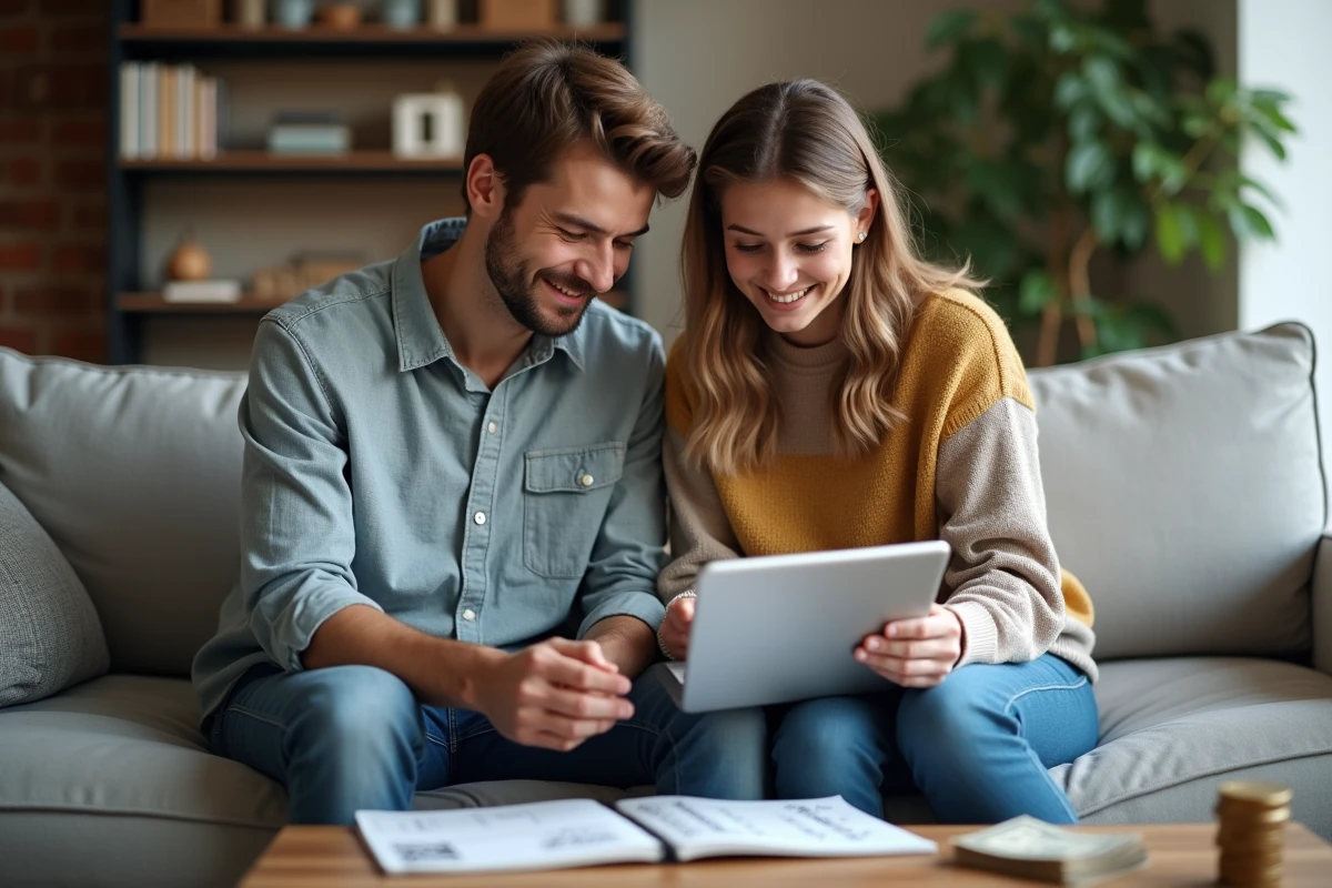 Couple planifiant ensemble leur budget mensuel avec un carnet et une tablette numérique dans leur salon