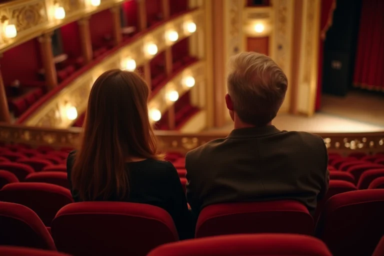 Couple d'âge moyen dans un théâtre élégant regardant la scène