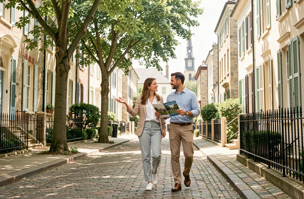 Couple visitant un quartier résidentiel historique rénové lors d'une recherche d'opportunités immobilières prometteuses