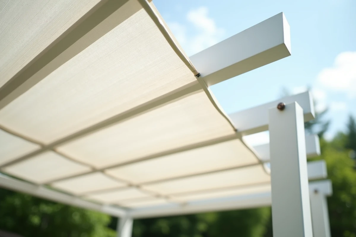 Détail d'un panneau de polycarbonate pour pergola avec voile d'ombrage anti-chaleur installé en dessous