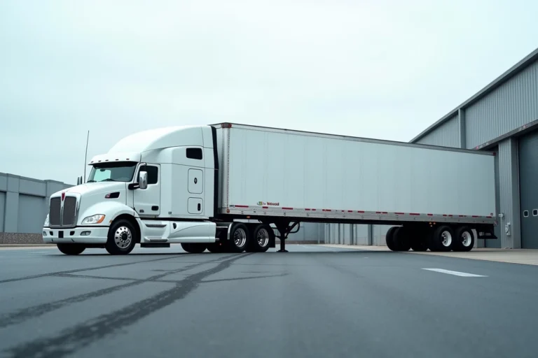 Camion remorque standard 53 pieds garé dans un dépôt logistique industriel, vue grand angle mettant en valeur ses dimensions complètes