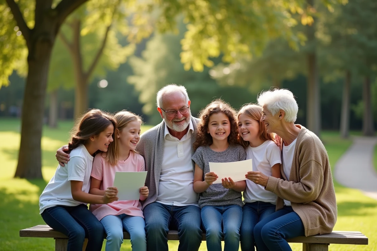 Enfants montrent leurs dessins aux grands-parents dans un parc