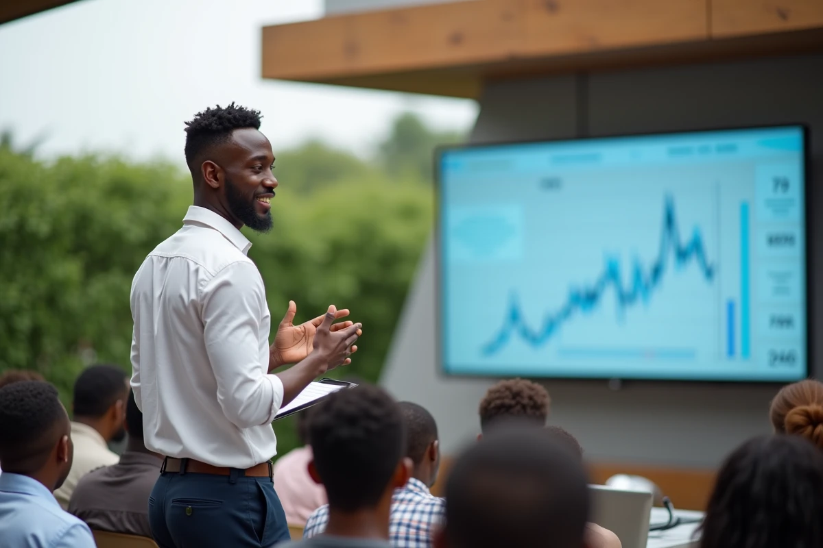 Jeune entrepreneur africain présentant une conférence tech en plein air lors d'un sommet économique, symbolisant l'innovation et les actualités business en Afrique