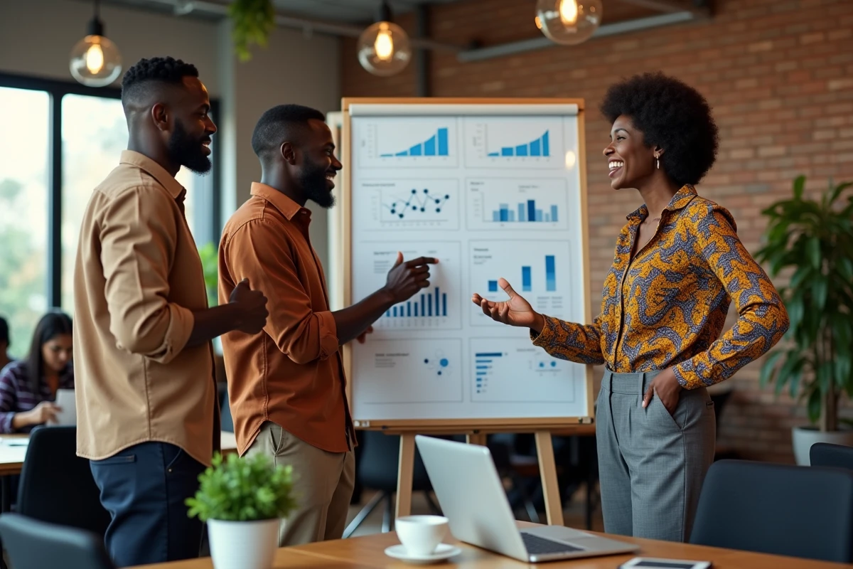 Équipe de professionnels africains collaborant dans un espace de coworking, représentant l'entrepreneuriat et les nouvelles tendances économiques en Afrique