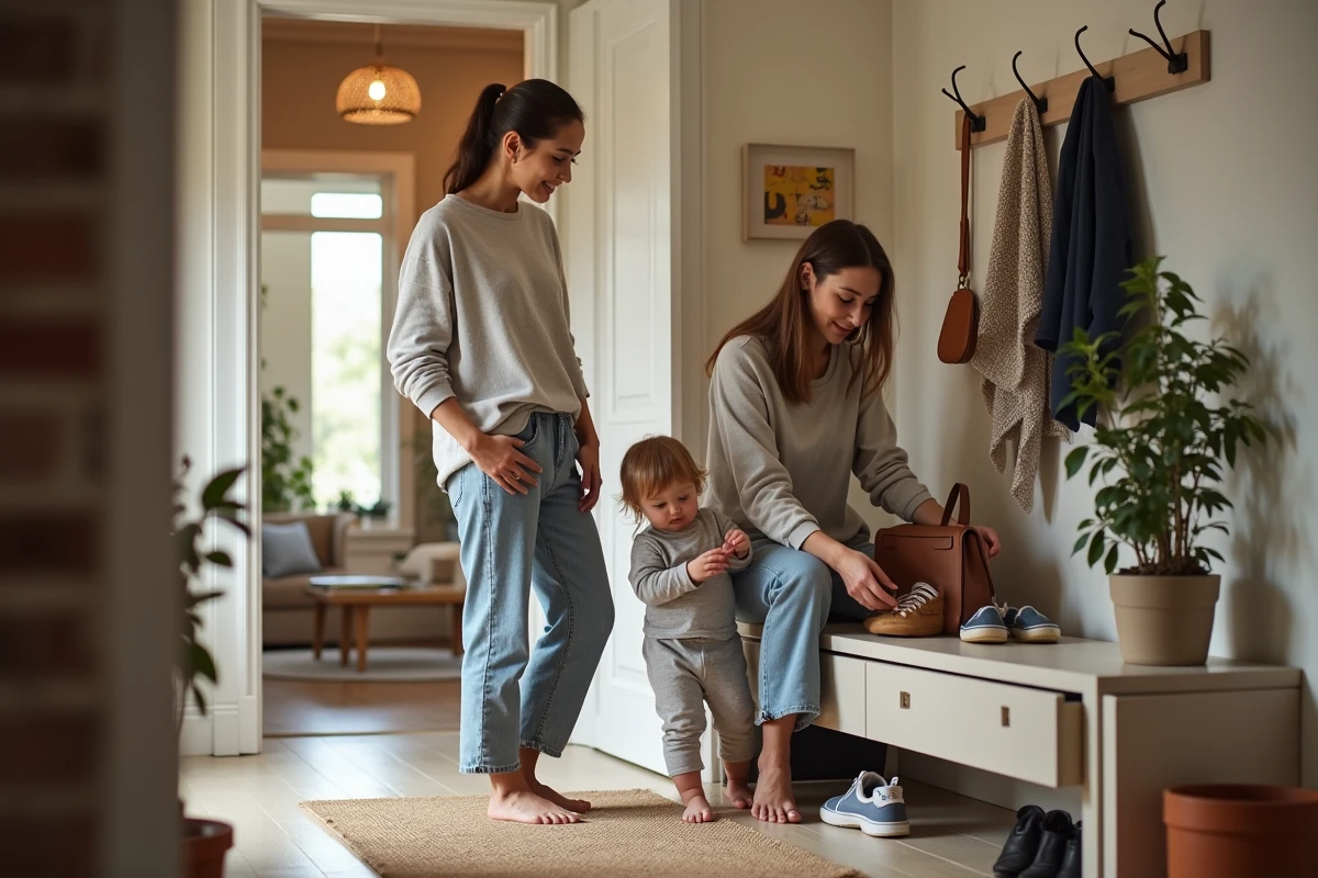Famille rangant chaussures dans une entrée organisée