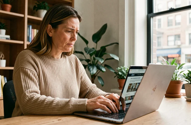 Femme consultant les actualités en ligne sur son ordinateur portable dans un bureau à domicile moderne