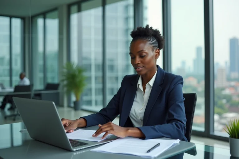 Femme d'affaires africaine dans un bureau moderne avec vue sur la ville, illustrant les tendances du monde des affaires en Afrique