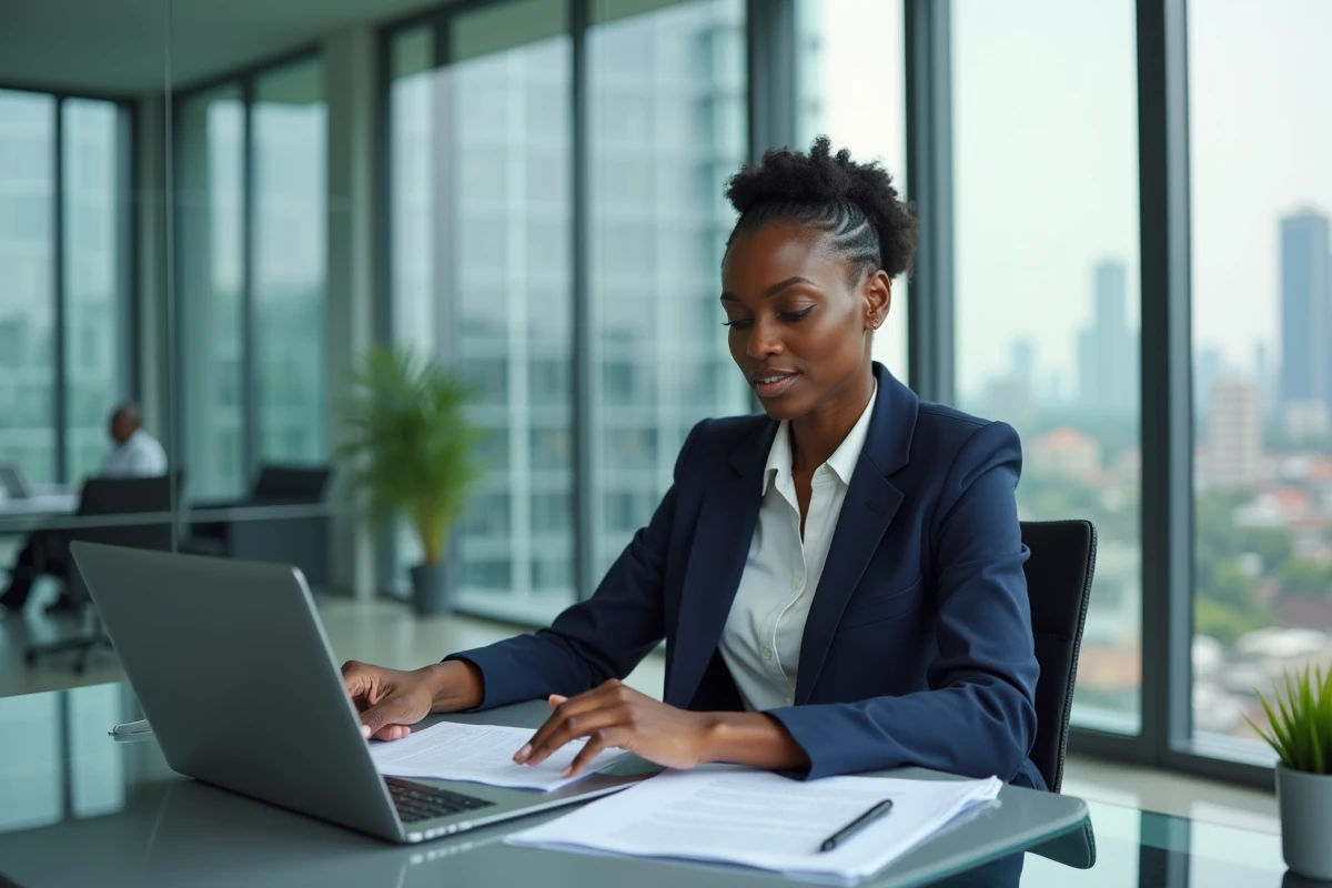 Femme d'affaires africaine dans un bureau moderne avec vue sur la ville, illustrant les tendances du monde des affaires en Afrique