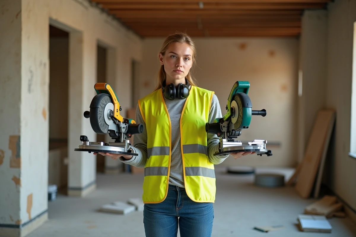 Femme artisane comparant deux scies plongeantes sur un chantier de rénovation intérieure