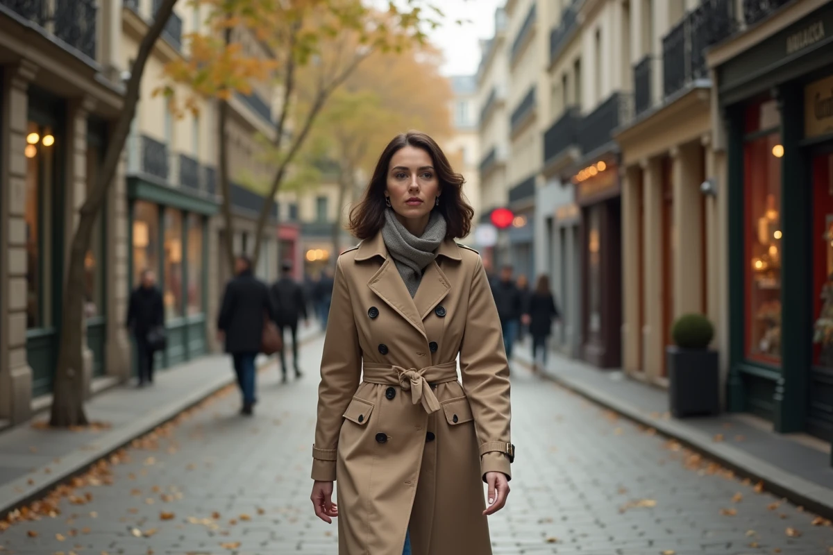 Femme en trench dans une rue parisienne automnale