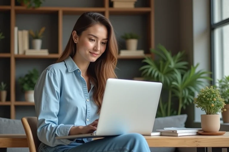 Jeune femme au bureau à domicile avec ordinateur et ambiance cozy