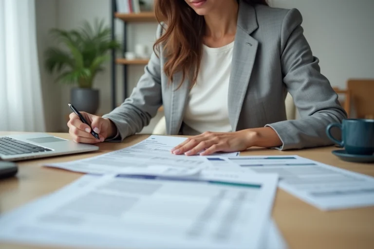 Une femme comparer des offres de crédit à son bureau à domicile, entourée de documents de prêt imprimés et d'un ordinateur portable affichant un tableau comparatif