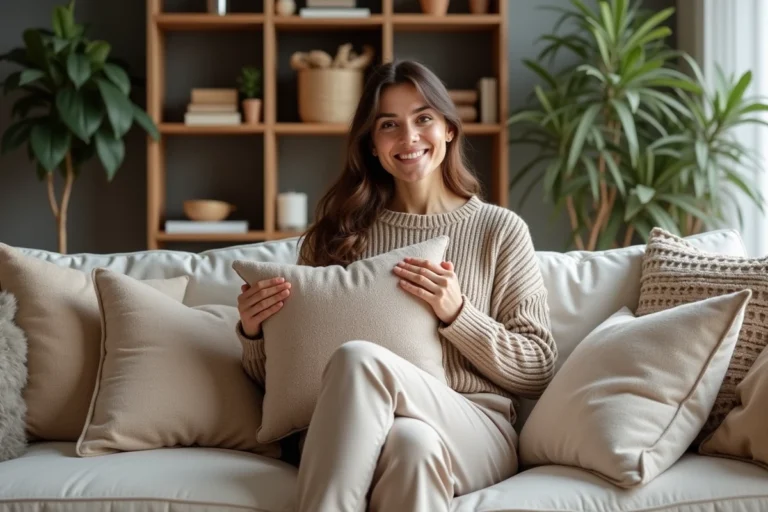 Femme assise sur un canapé avec coussins dans un salon chaleureux