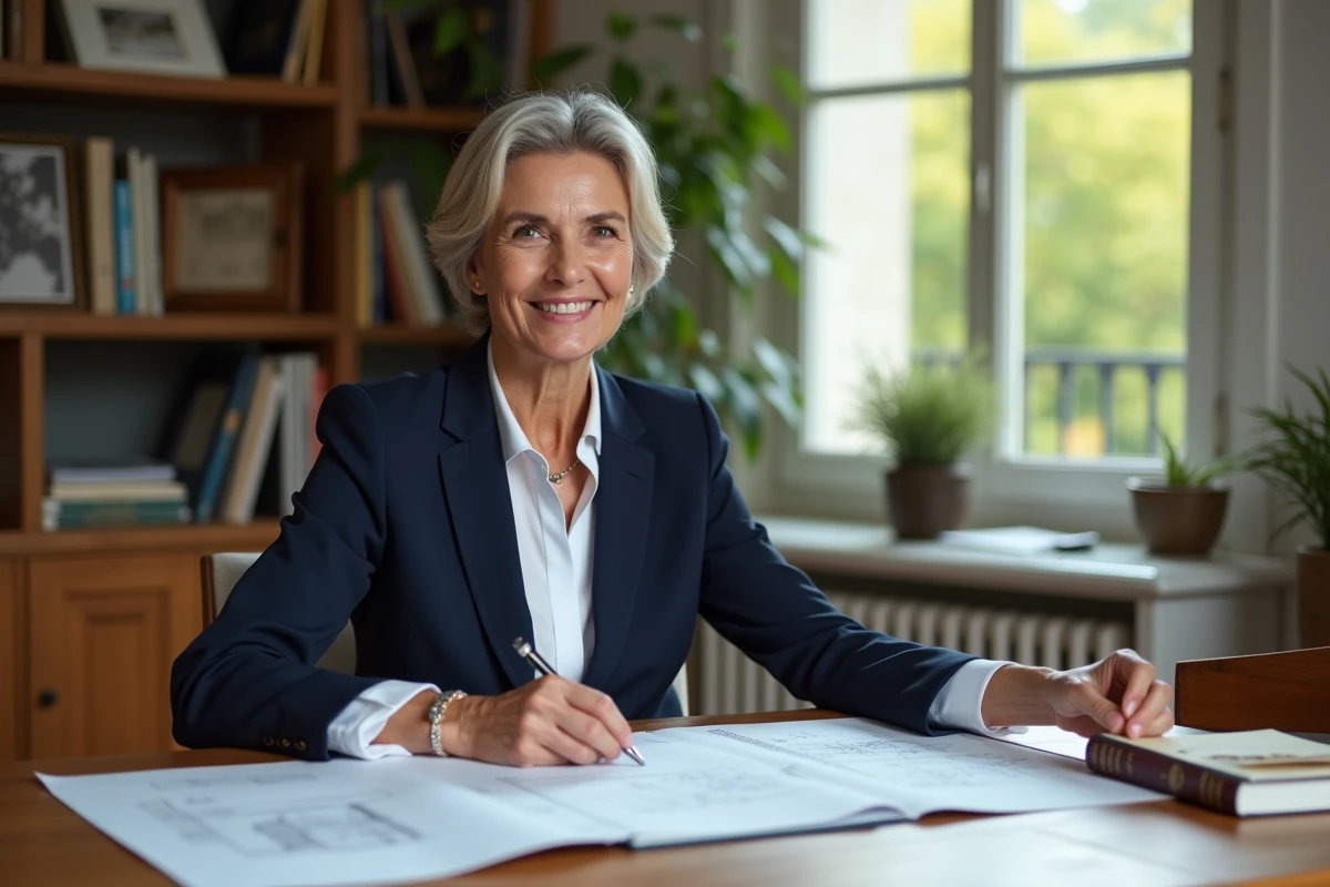 Femme sophistiquée en bureau parisien lumineux