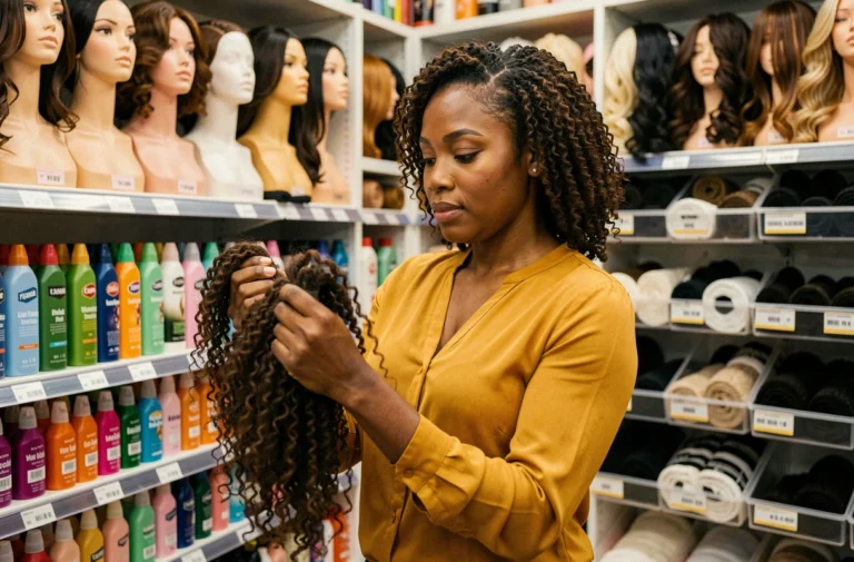 Femme afro-américaine examinant des mèches afro dans un magasin de produits capillaires bien achalandé