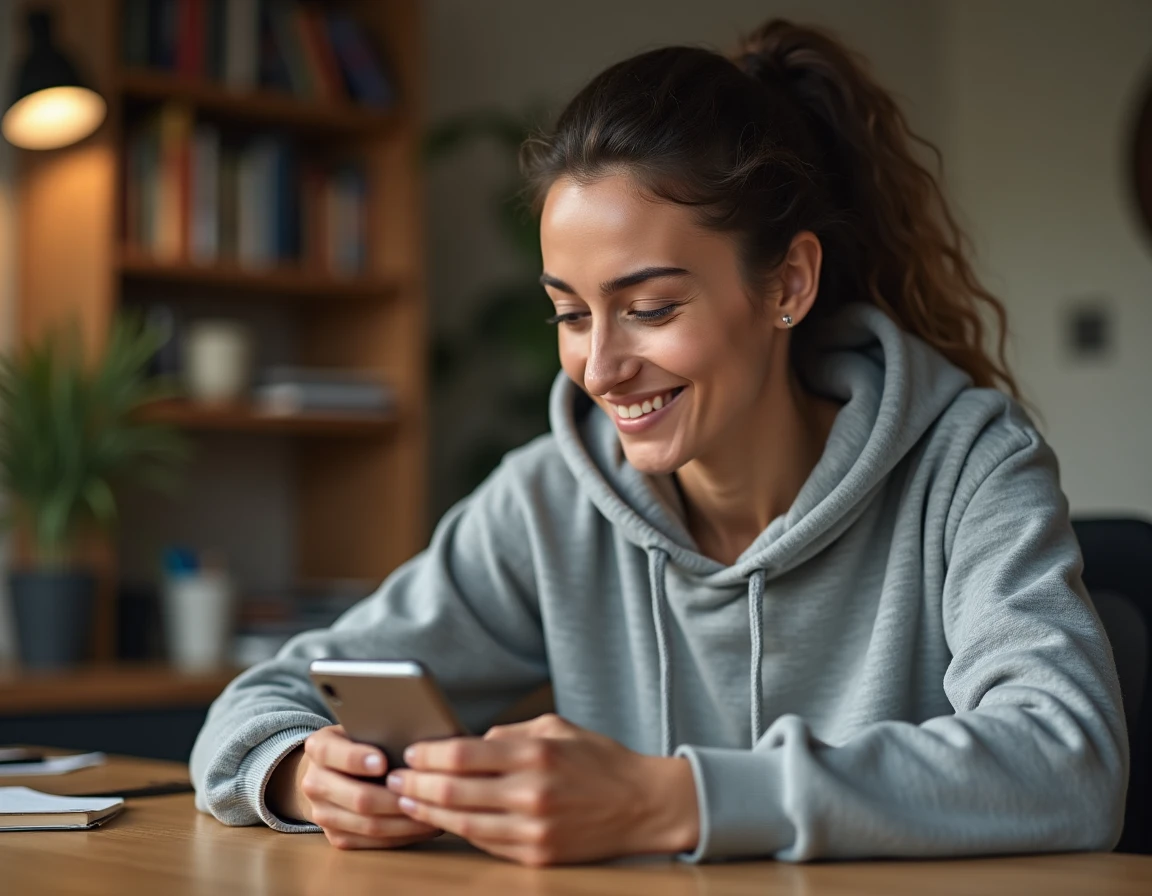 Femme concentrée jouant à Candy Crush sur son smartphone dans un bureau moderne, illustrant les meilleurs joueurs du jeu mobile