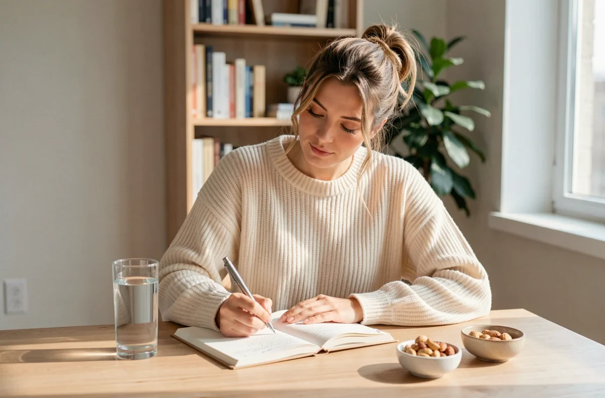 Femme tenant un journal de nutrition et de bien-être pour suivre ses objectifs de perte de poids