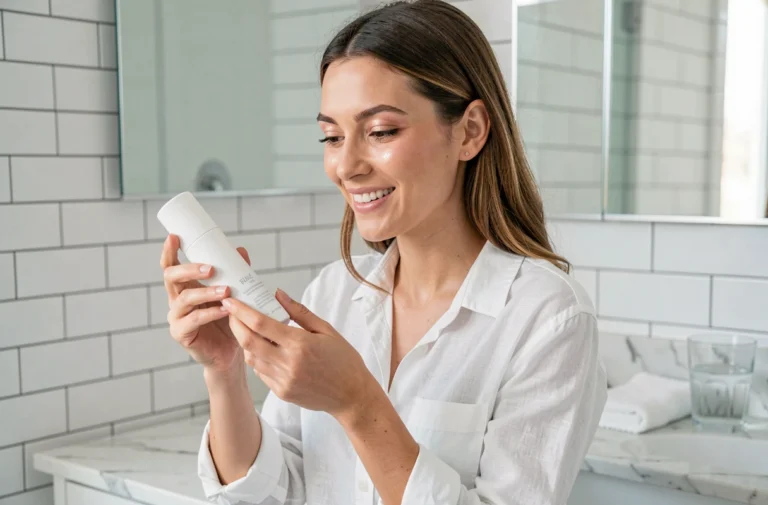 Jeune femme tenant un kit de blanchiment dentaire The Smilist dans une salle de bain moderne et épurée