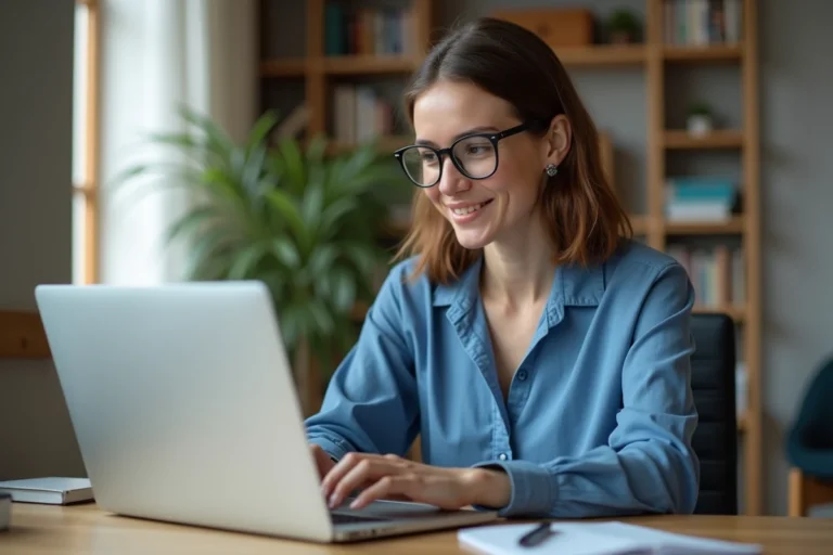 Jeune femme souriante en visioconference à son bureau