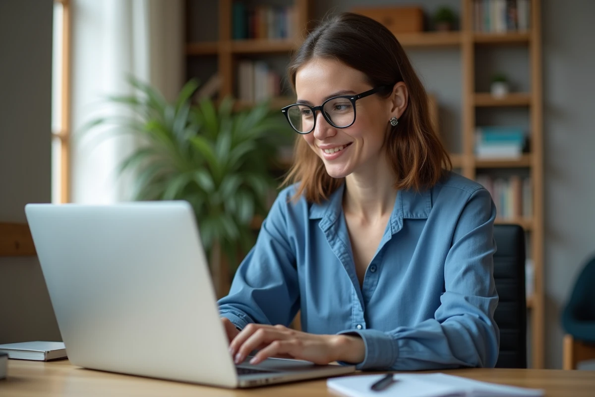 Jeune femme souriante en visioconference à son bureau