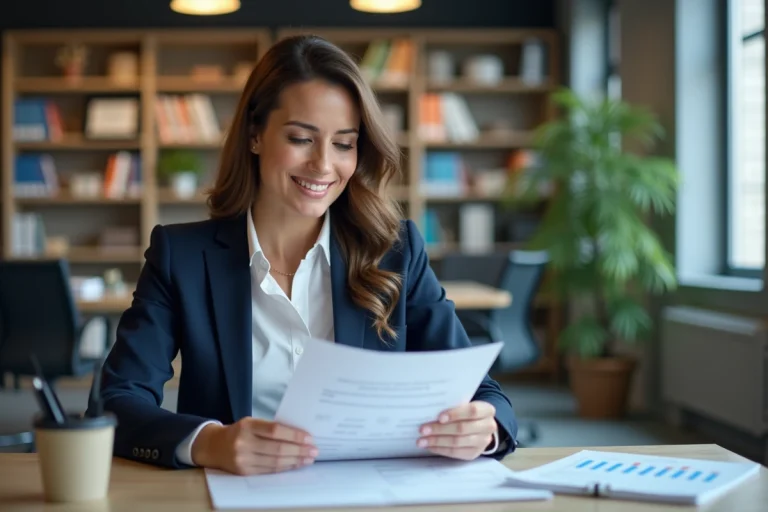 Femme professionnelle en bureau avec grille de salaire