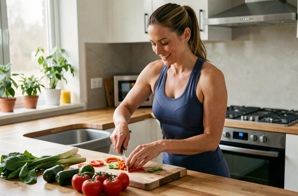 Femme préparant un repas sain et équilibré dans une cuisine moderne pour perdre du poids durablement