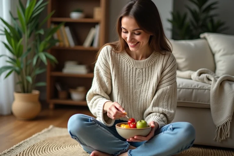 Femme préparant une salade de fruits dans un salon cosy